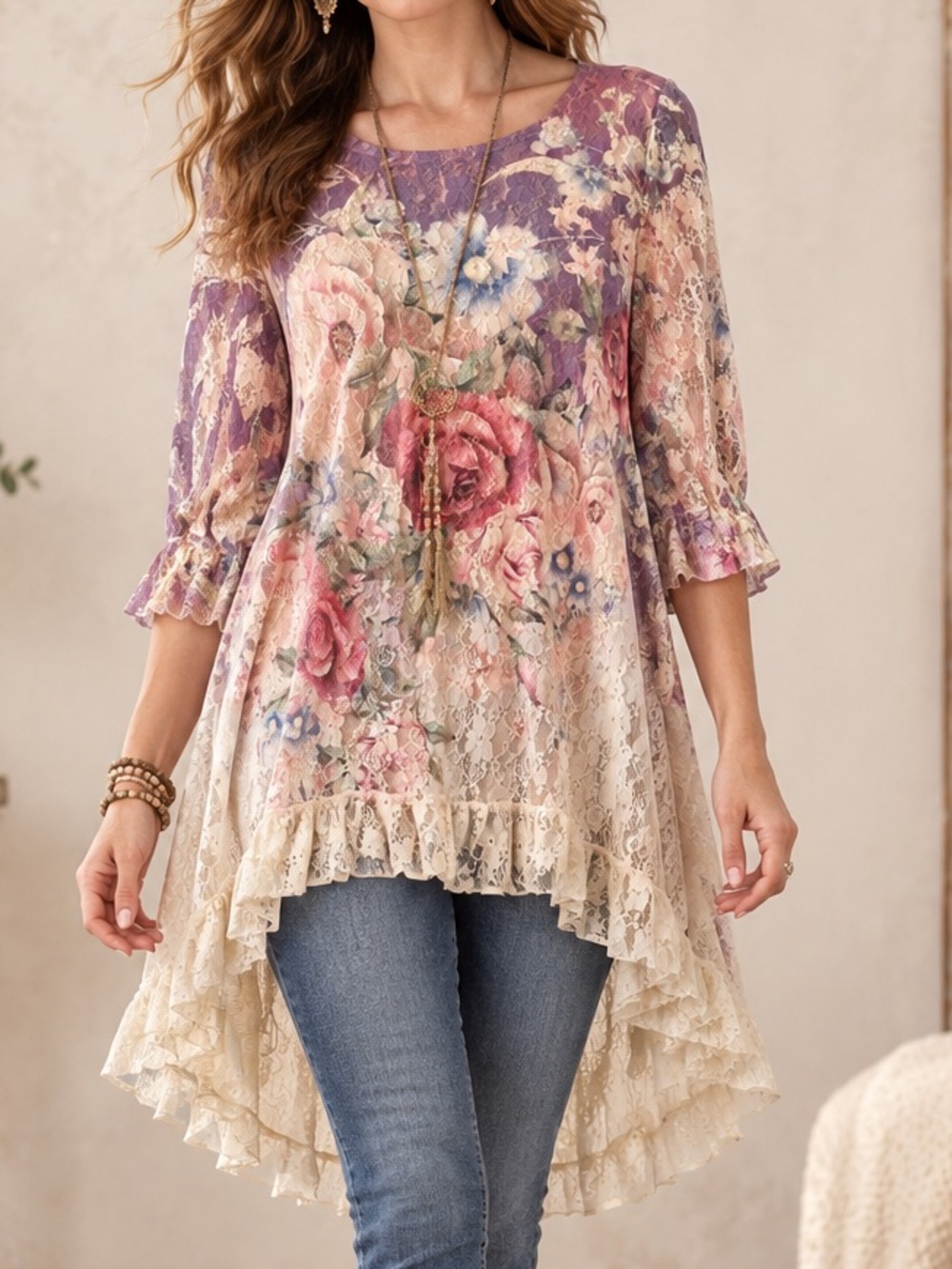 NWT! Origami Romantic Floral Knit Lace Hi-Low Tunic, SMALL